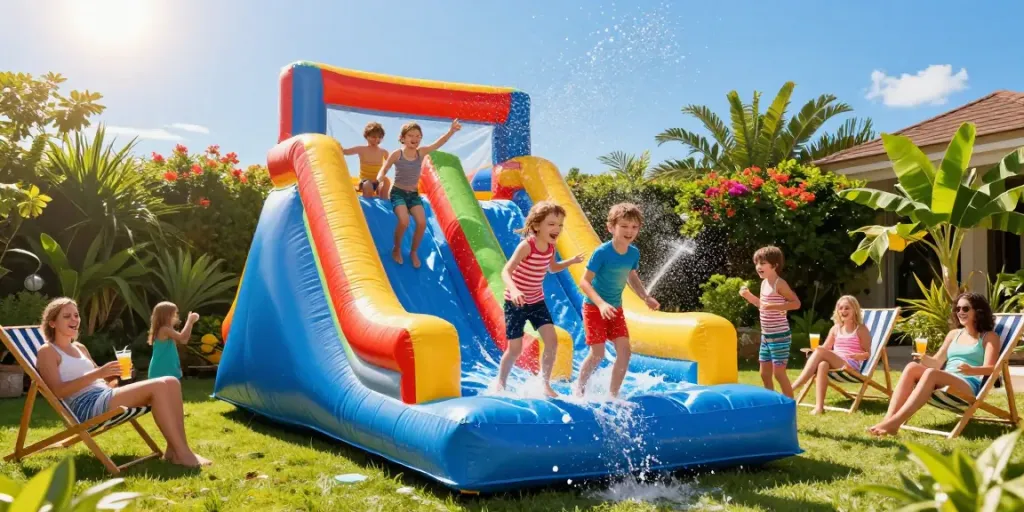 Children joyfully playing on a colourful water slide, splashing water in a backyard setting.