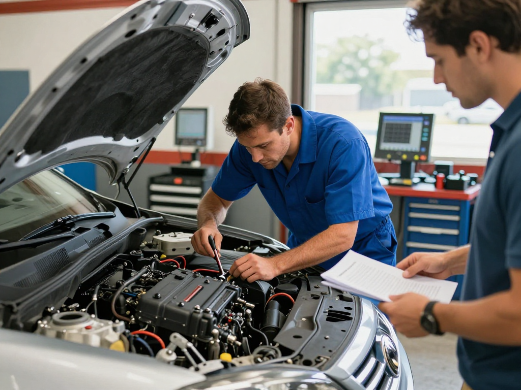 Ignition repair Port St. Lucie featuring a skilled locksmith diagnosing ignition issues in a well-lit garage.