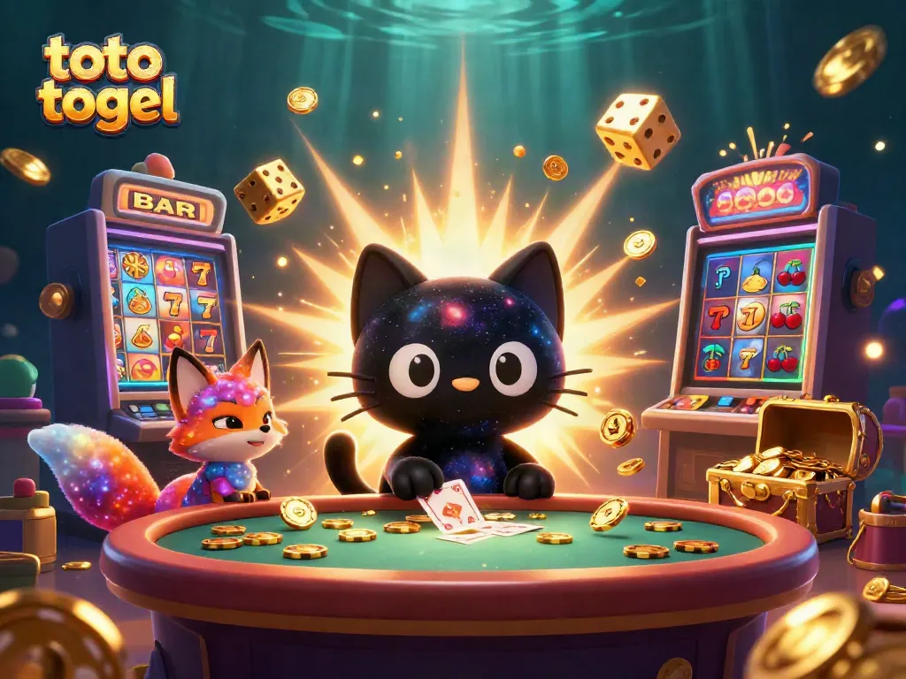 Experience the thrill of toto togel with a cosmic casino scene featuring a black hole cat and a nebula fox.
