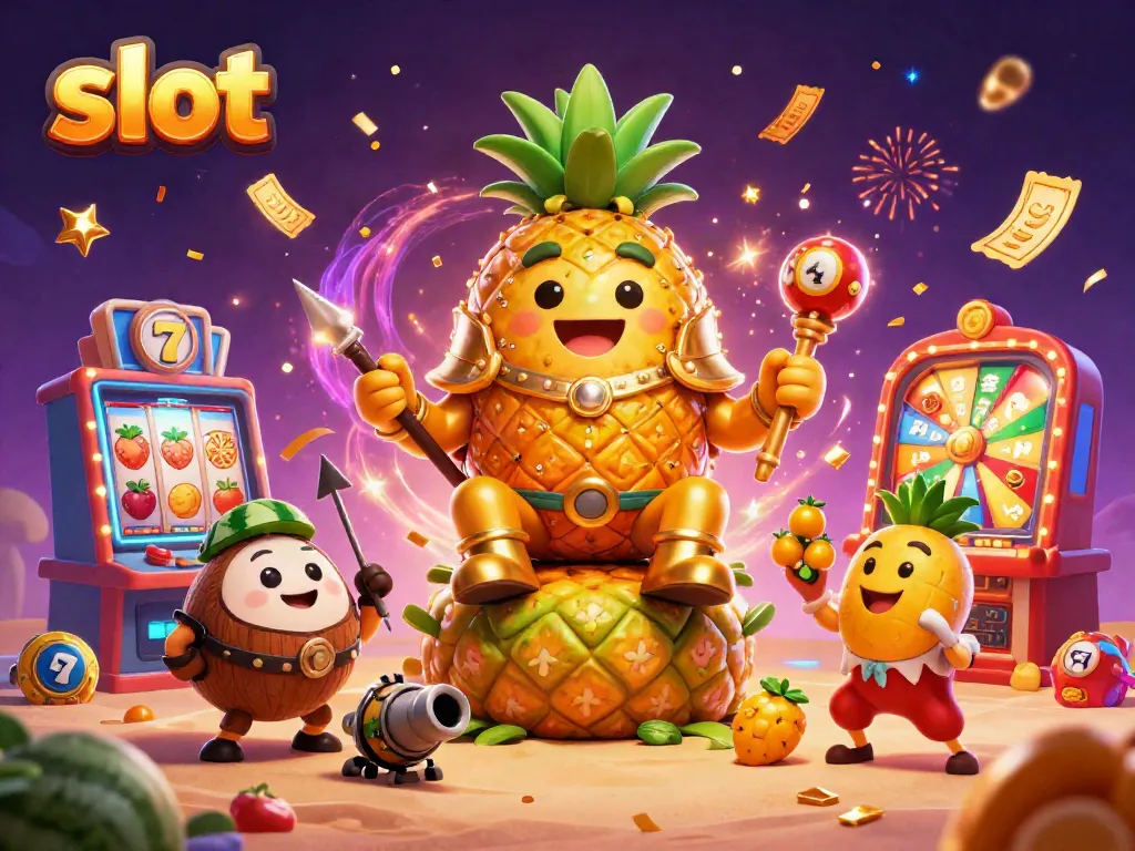 Spin the slots with the golden pineapple king and colorful casino elements in action.