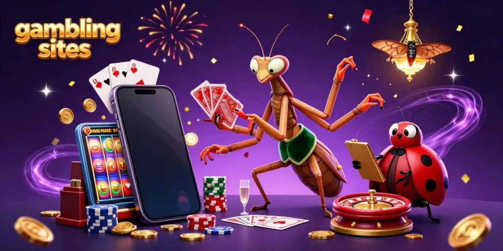 Engage with top gambling sites featuring a vibrant casino scene, card dealing actions, and celebratory elements.