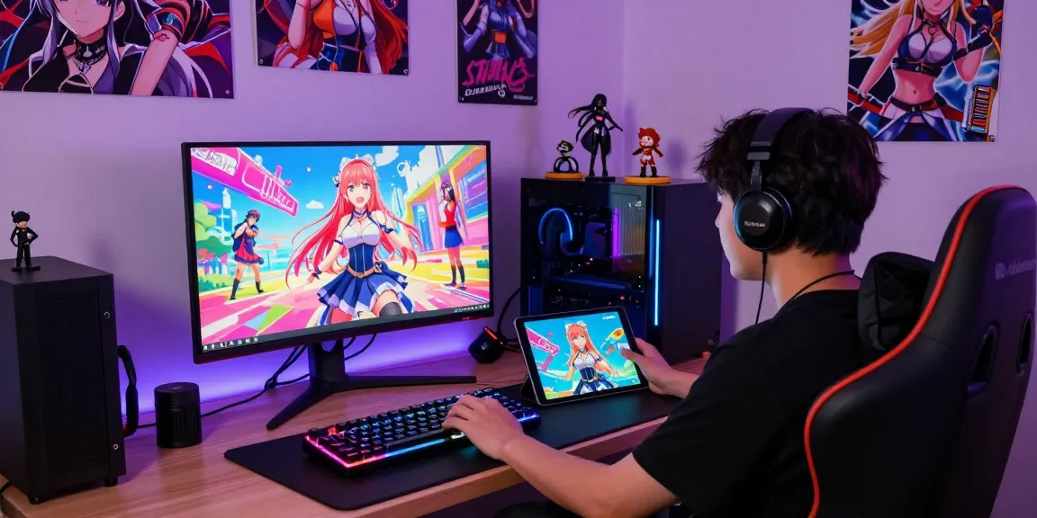 Player engaging with ecchi games in a colorful gaming setup, showcasing immersive digital experience and gaming accessories.