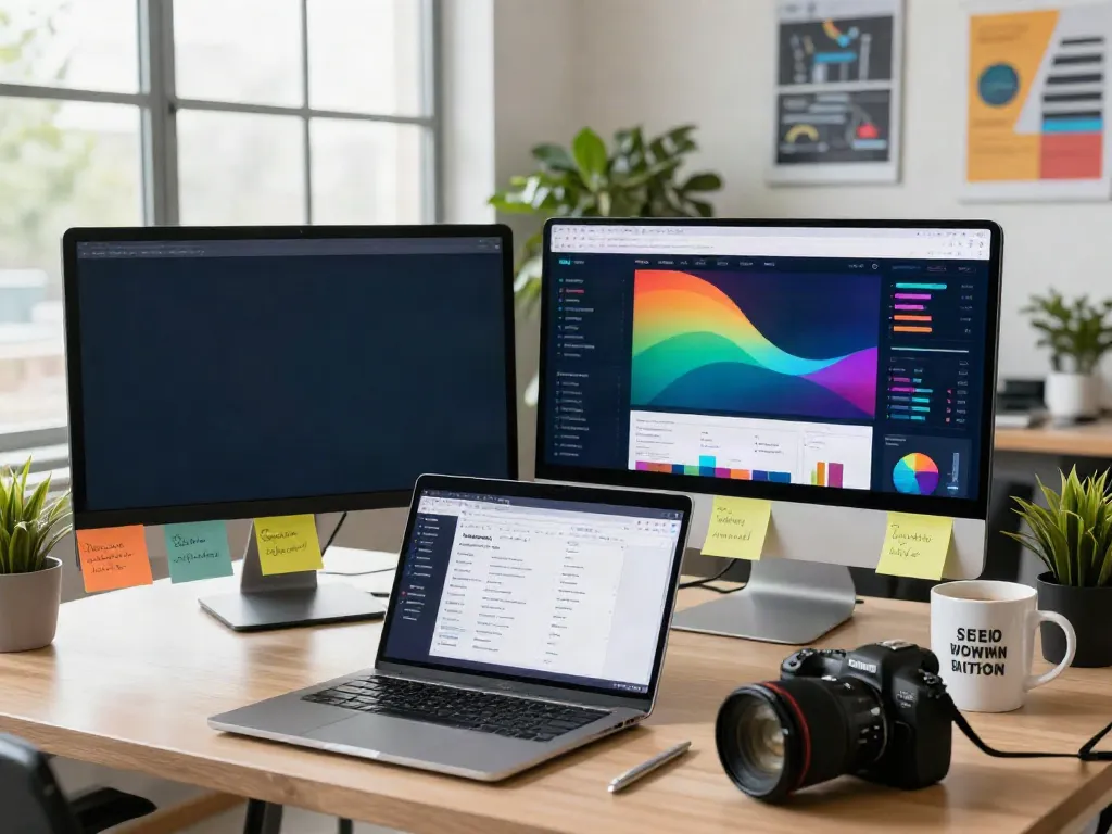 SEO specialist analyzing instant indexing performance with vibrant office setup.