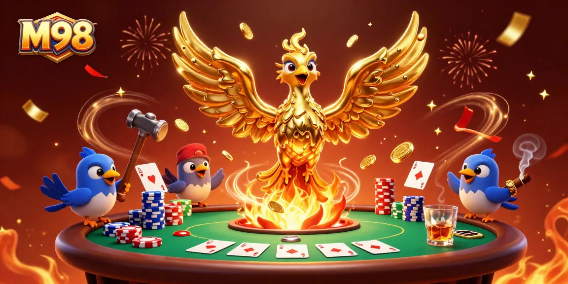M98 ignites excitement with a molten phoenix and poker elements in a vibrant casino scene.